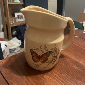 Vintage Treasure Craft Farmhouse Butterfly Pitcher Beige Speckled Stoneware EUC